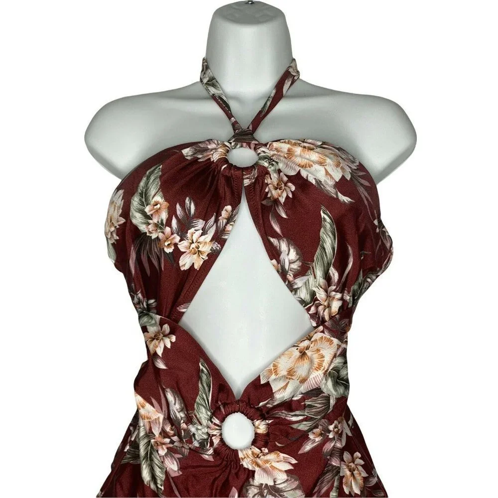 Bar III Woman’s LUAU PALM Cutout Halter One-Piece Swimsuit  SZ XL‎